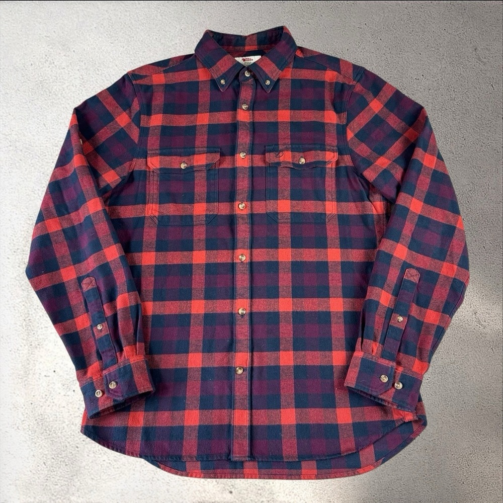 Fjallraven Skog Red Flannel Slim Fit Button Down Shirt Top Sz L Outdoors‎ Hiking